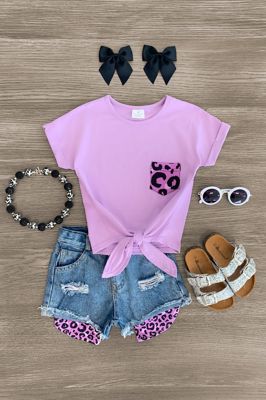 Purple Leopard Tie Top Distressed Denim Short Set - Sparkle in Pink