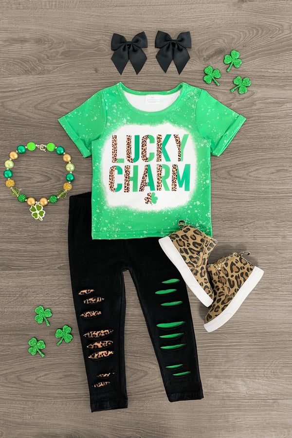 "Lucky Charm" Distressed Legging Set - Sparkle in Pink