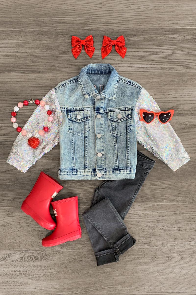 "Mini" Sequin Heart Denim Jacket - Sparkle in Pink
