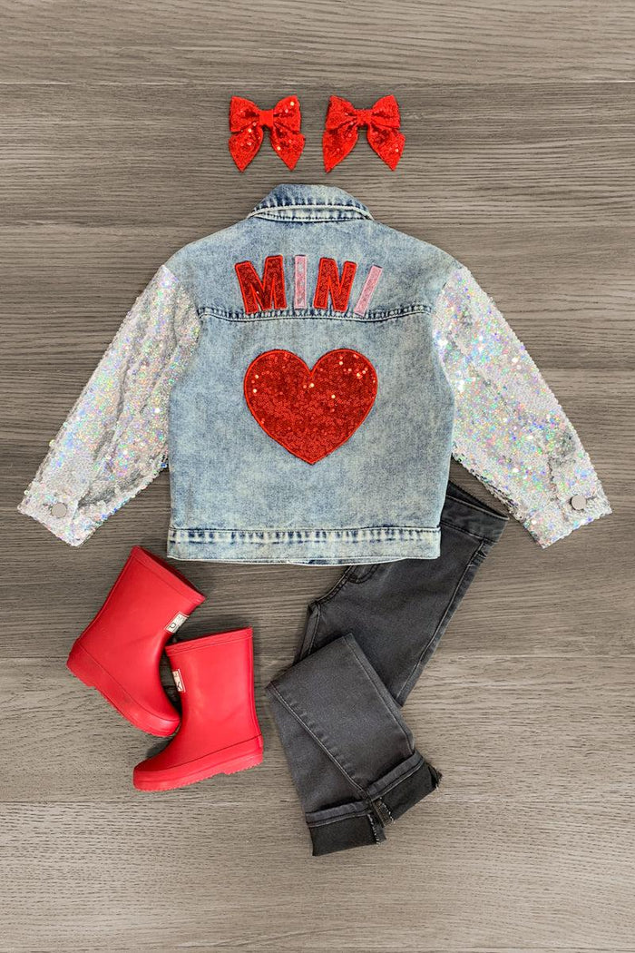 "Mini" Sequin Heart Denim Jacket - 3XS-6-12 Months - Light blue denim jacket with red sequin heart and "MINI" letters on back, multicolored sequin sleeves.