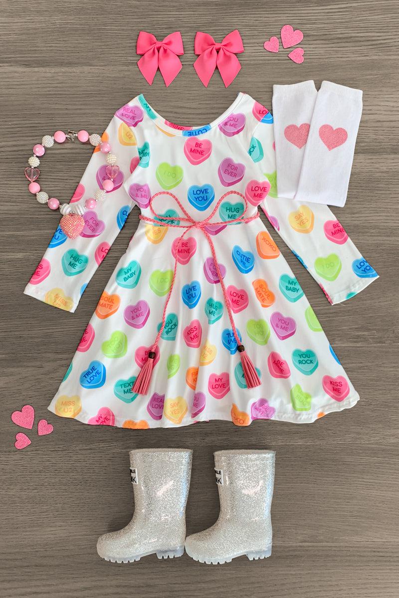 Candy Hearts Long Sleeve Dress - Sparkle in Pink
