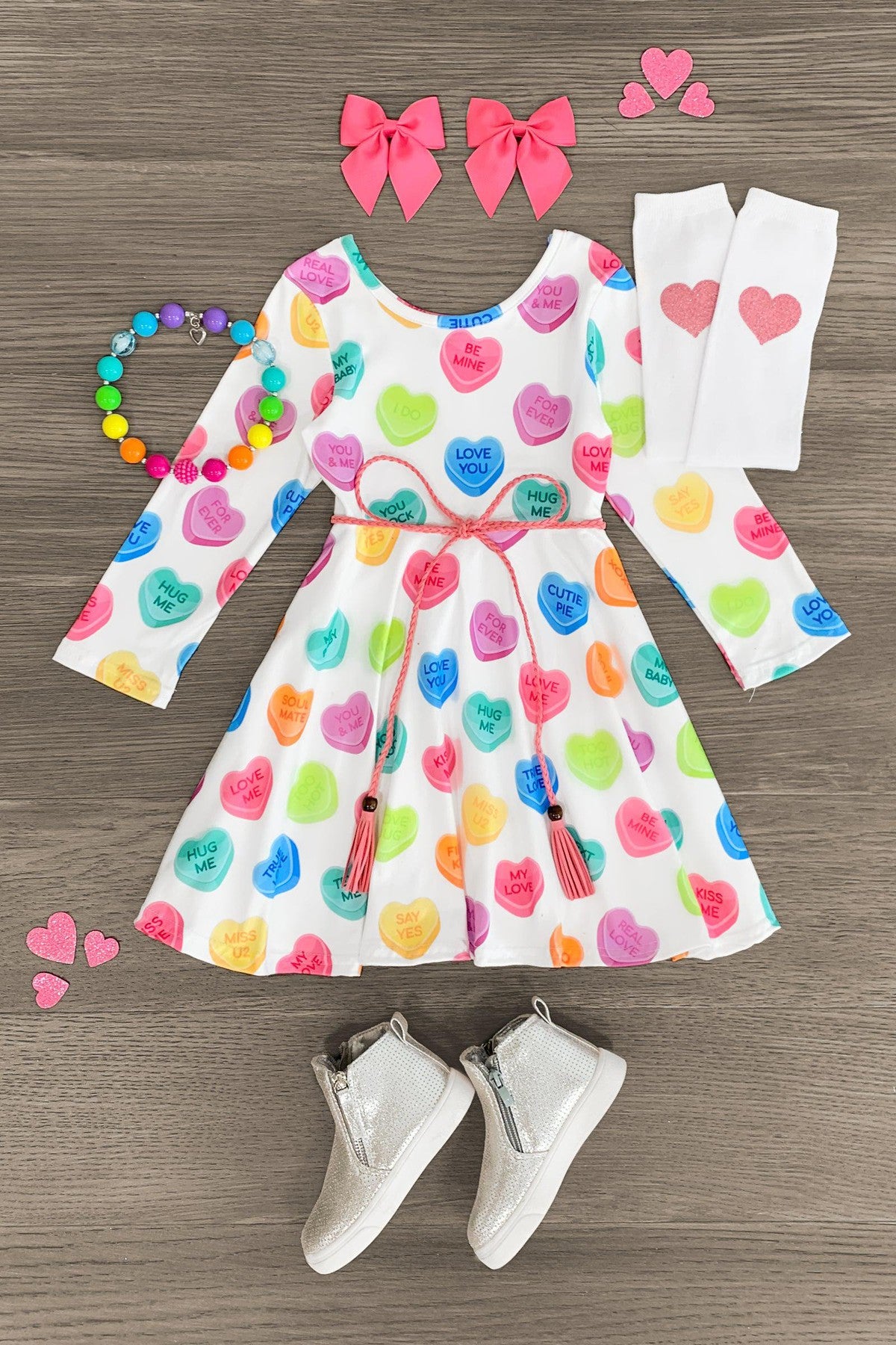 Candy Hearts Long Sleeve Dress - Sparkle in Pink