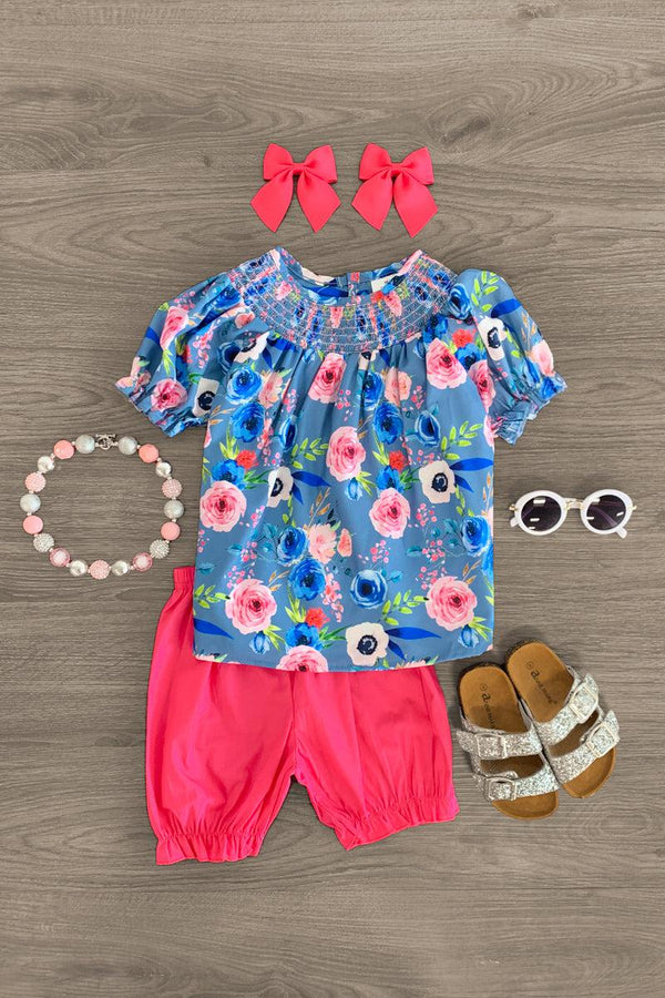 Blue & Pink Rose Floral Short Set - Sparkle in Pink