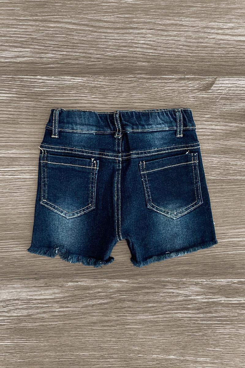Dark Wash Rhinestone Denim Shorts - Sparkle in Pink