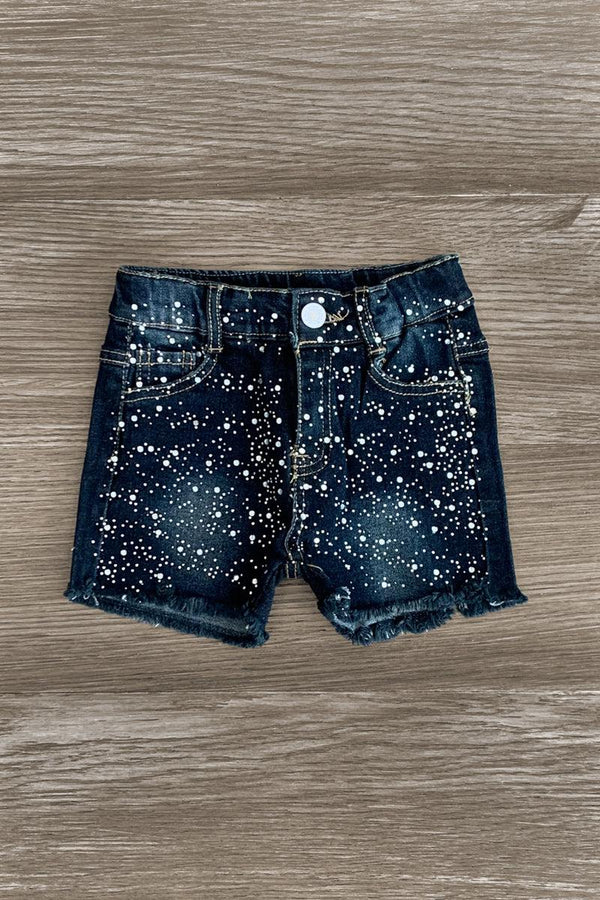 Dark Wash Rhinestone Denim Shorts - Sparkle in Pink