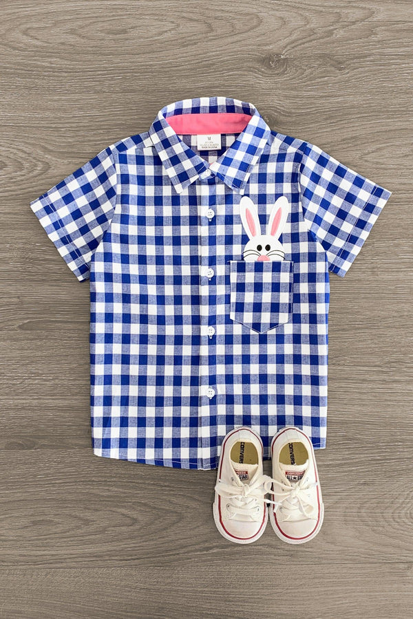 Blue Plaid Bunny Pocket Button Down - Sparkle in Pink