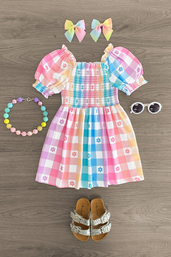 Pastel Rainbow Gingham Flower Dress - Sparkle in Pink