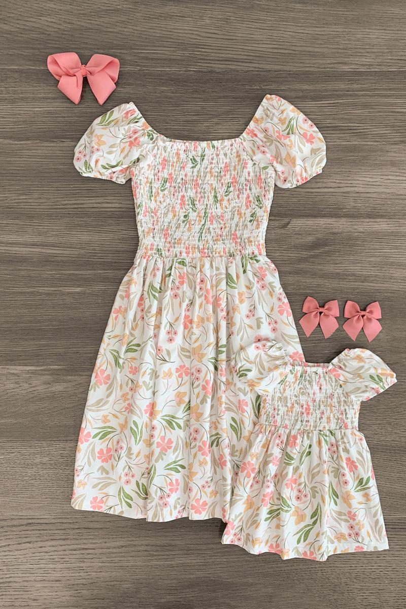 Mom & Me - White Smocked Floral Dress - Sparkle in Pink