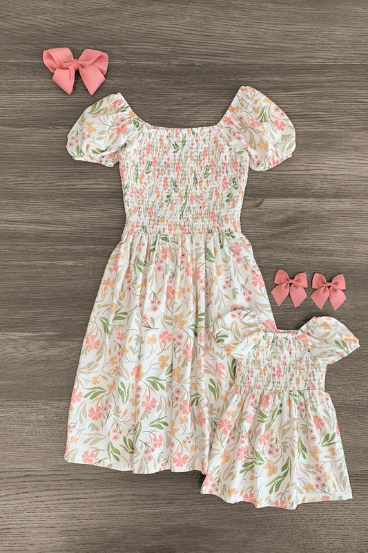 Mom & Me - White Smocked Floral Dress - CHILD-6-12 Months - White floral smocked dress with puff sleeves and gathered waist, includes matching pink bows.