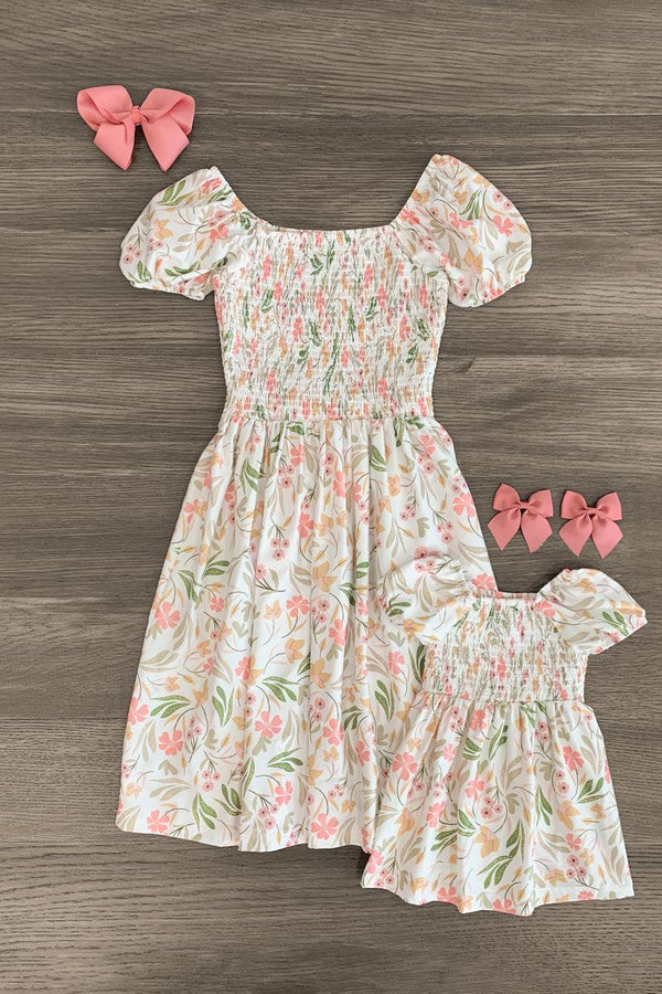 Mom & Me - White Smocked Floral Dress - Sparkle in Pink