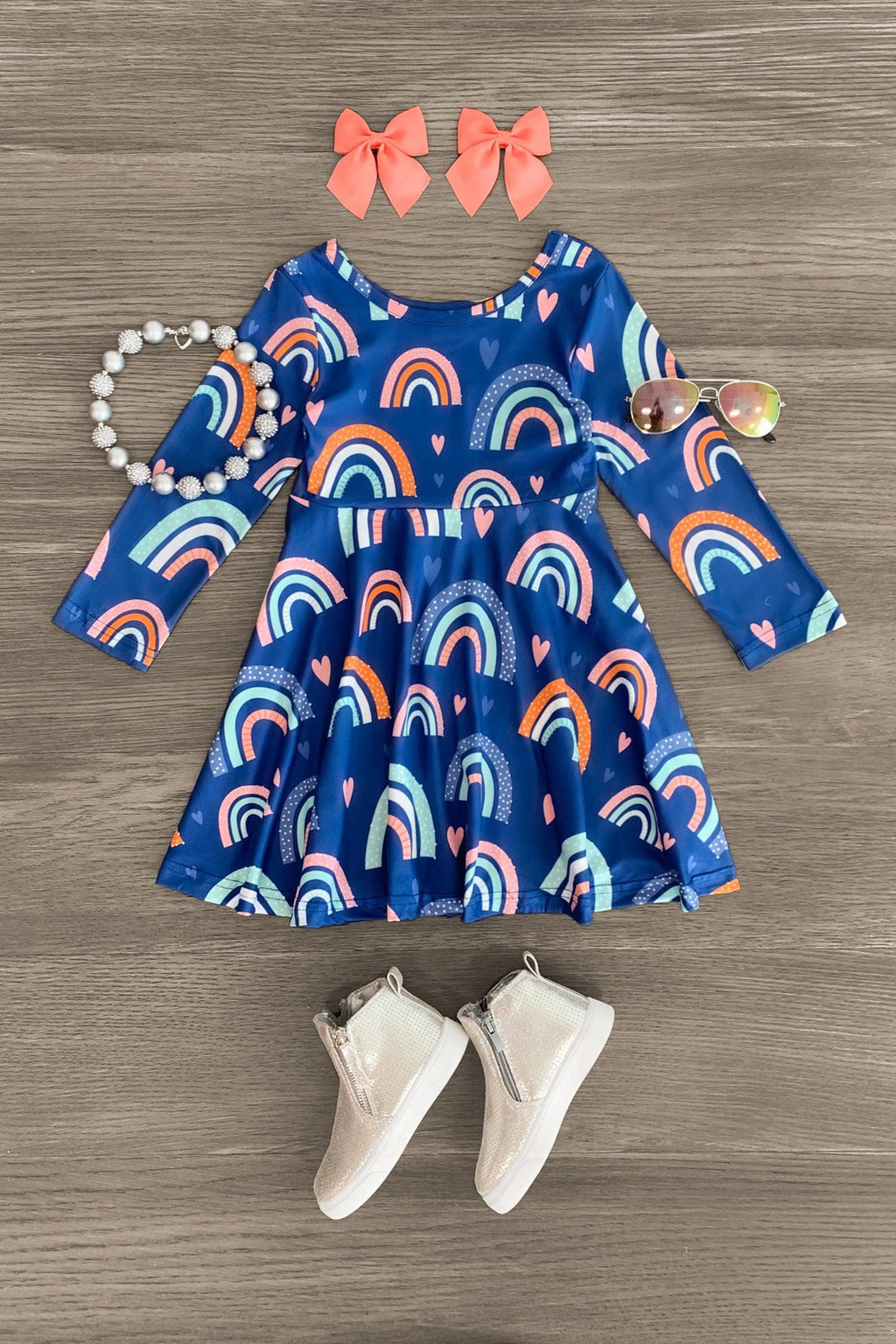 Rainbows & Hearts Long Sleeve Dress - Sparkle in Pink