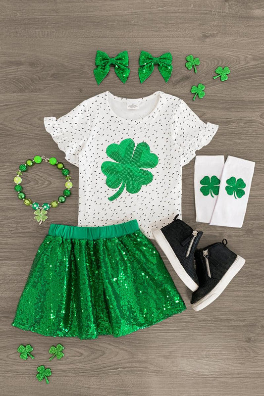 Green Sequin Shamrock Skirt Set - Sparkle in Pink
