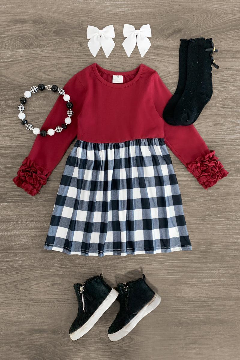 Burgundy & Buffalo Plaid Ruffle Dress | Sparkle In Pink