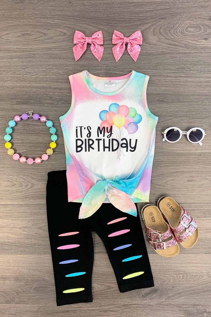 "It's My Birthday" Pastel Rainbow Capri Set - XXS-12-18 Months - Toddler tank top with pastel rainbow tie-dye and "It's My Birthday" text, black leggings with rainbow slits, pink sandals,.
