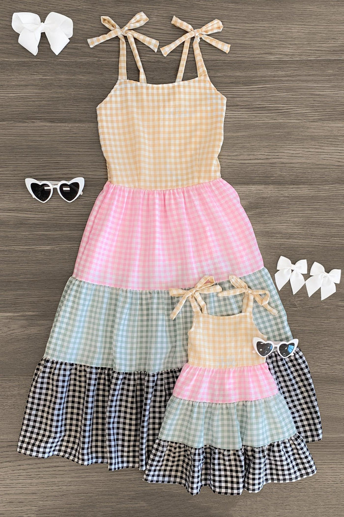 Mom & Me - Pastel Gingham Dress - CHILD-6-12 Months - Matching pastel gingham tiered dresses for mom and child with bow shoulder straps and ruffled hems.