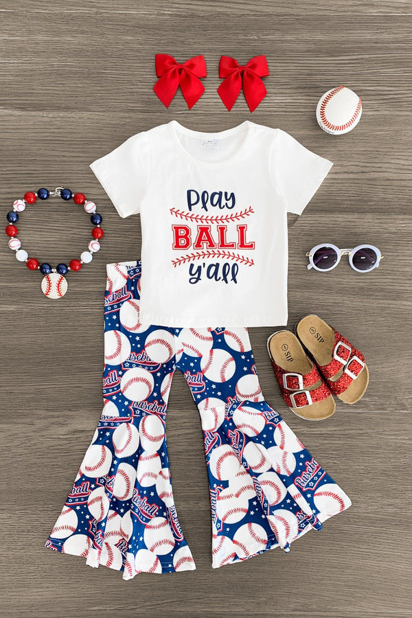 "Play Ball Y'all" Red, White, & Blue Bell Bottom Set - Sparkle in Pink