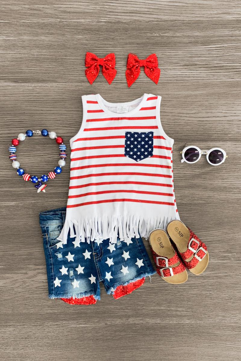 American Flag Glitter Star Denim Short Set - Sparkle in Pink