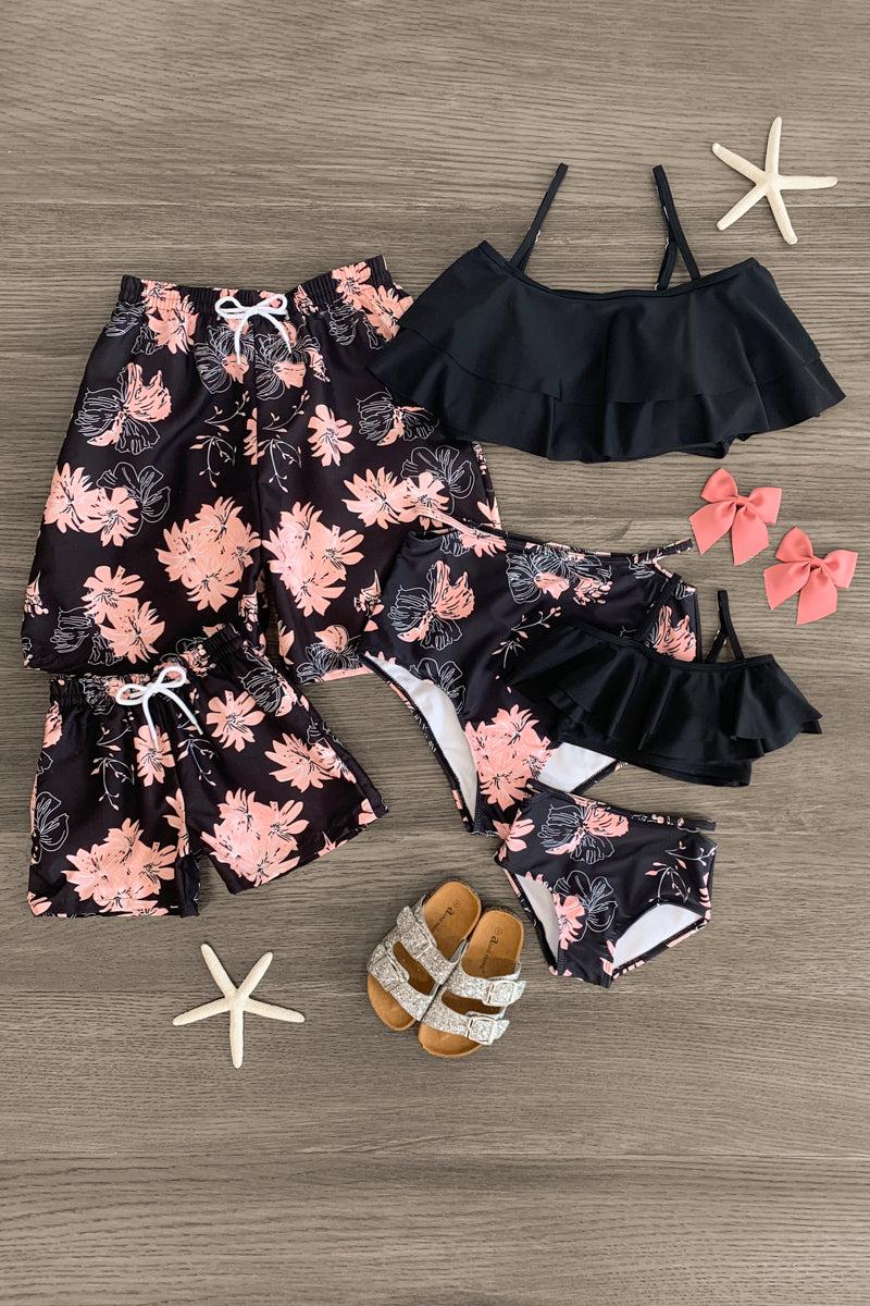 Black & Coral Tropical Family Swimsuits - Sparkle in Pink