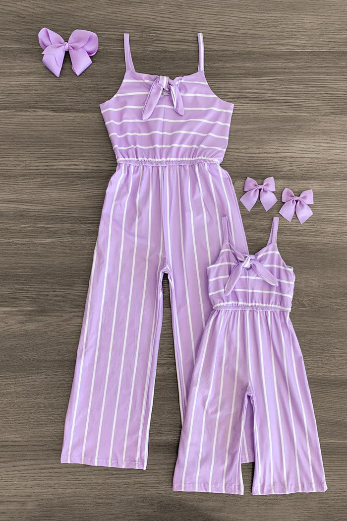 Mom & Me - Lavender Stripe Jumpsuit - BABY-Newborn - Lavender jumpsuits with white vertical stripes, spaghetti straps, and tied front detail, paired with matching bows.