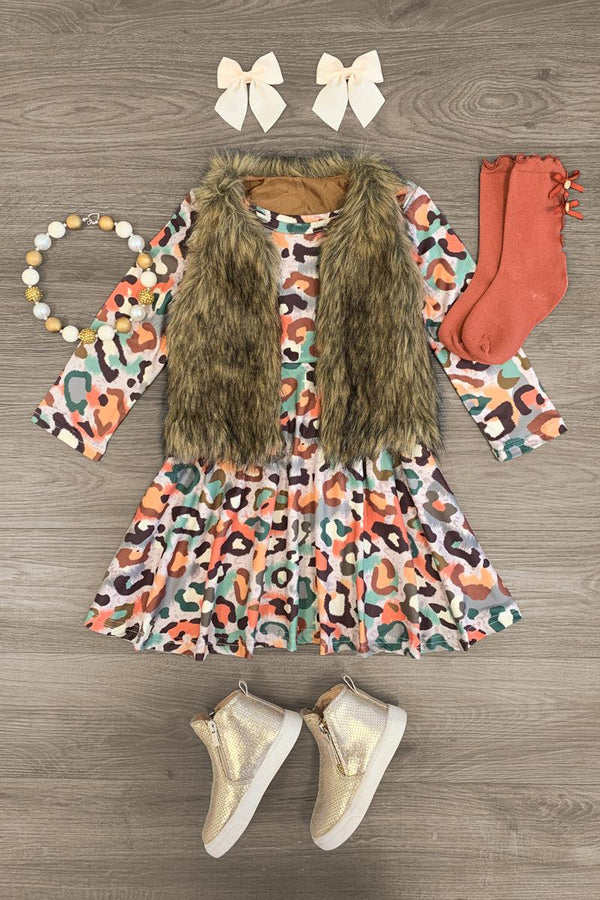 Multicolor Leopard Long Sleeve Dress - Sparkle in Pink