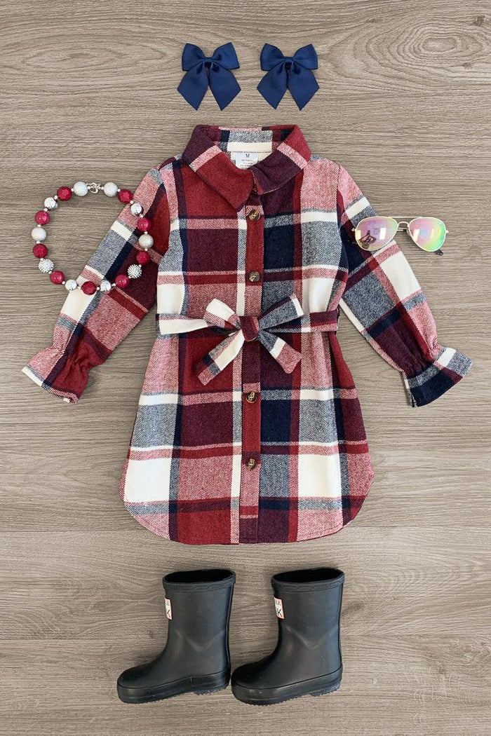 Burgundy & Navy Plaid Flannel Dress - 3XS-6-12 Months - Burgundy and navy plaid flannel dress with belt, paired with black boots, navy bows, and berry headband accessory.