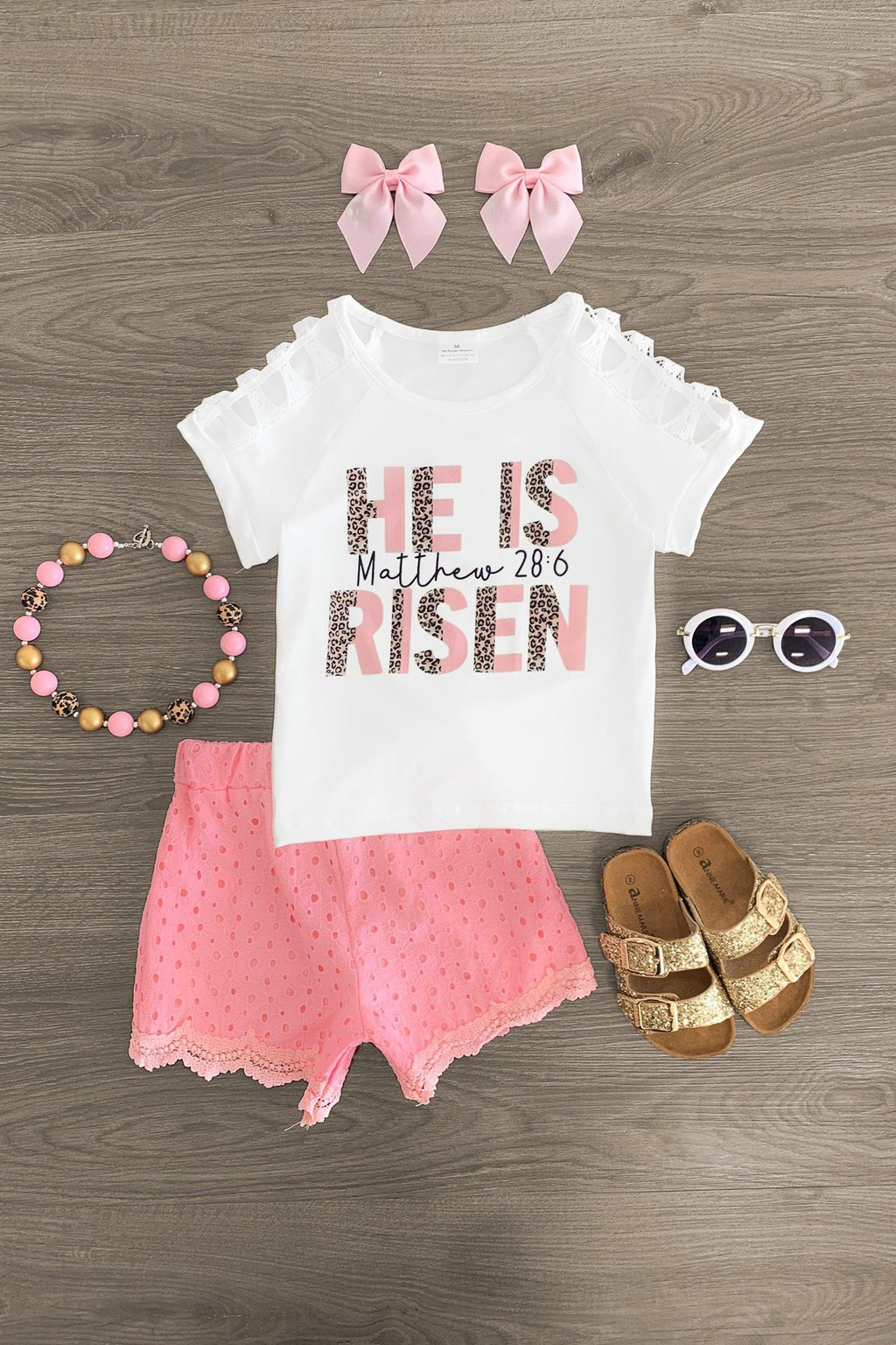 "He Is Risen" White & Pink Short Set - Sparkle in Pink