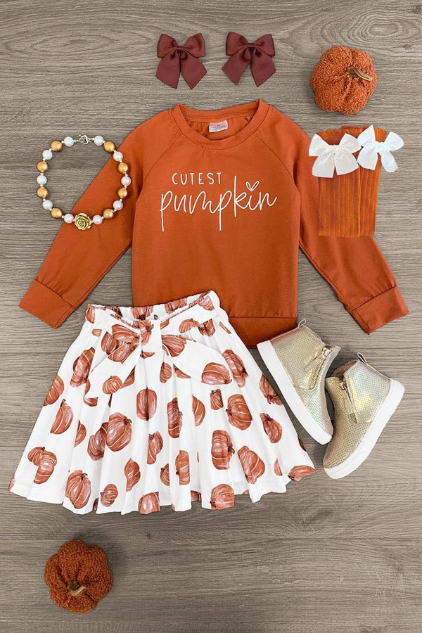 "Cutest Pumpkin" Burnt Orange Skirt Set - Sparkle in Pink