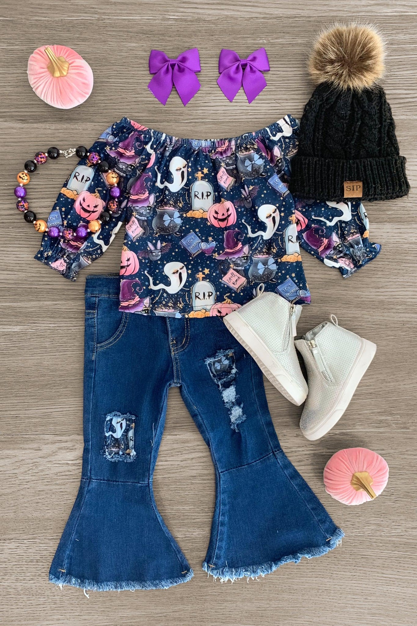 Witchy Distressed Denim Bell Bottom Set - Sparkle in Pink