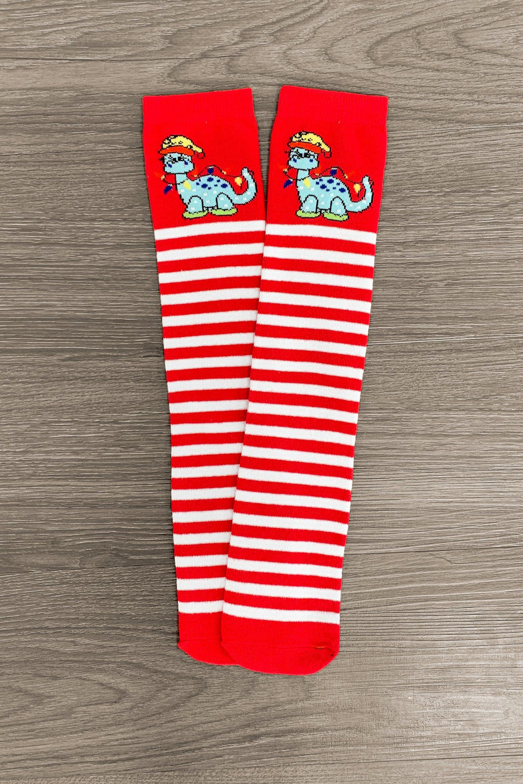 Striped Christmas Dinosaur Socks - Sparkle in Pink