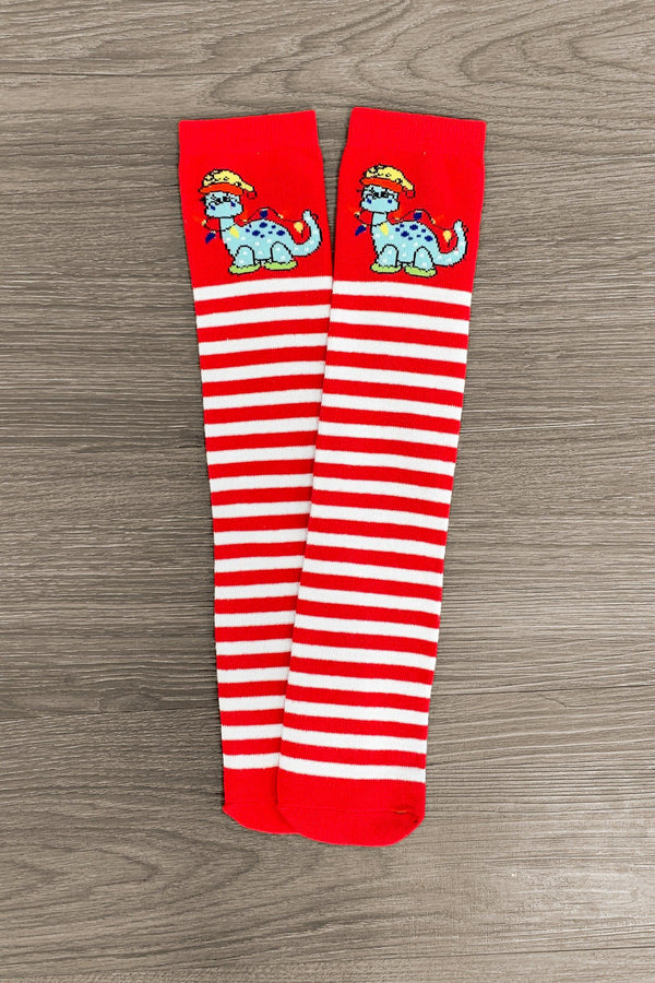 Striped Christmas Dinosaur Socks - Sparkle in Pink