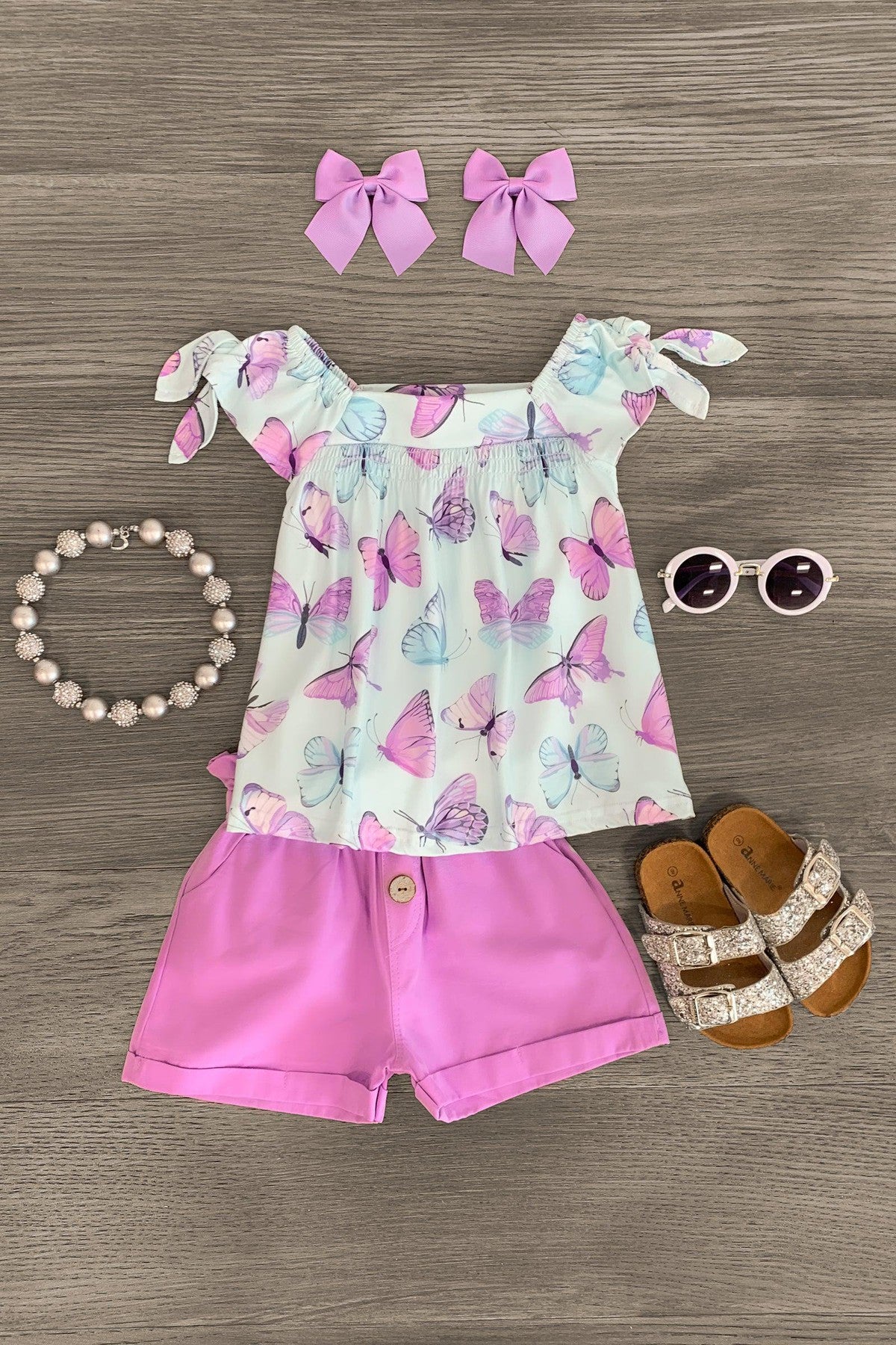 Mint & Lavender Butterfly Short Set - Sparkle in Pink