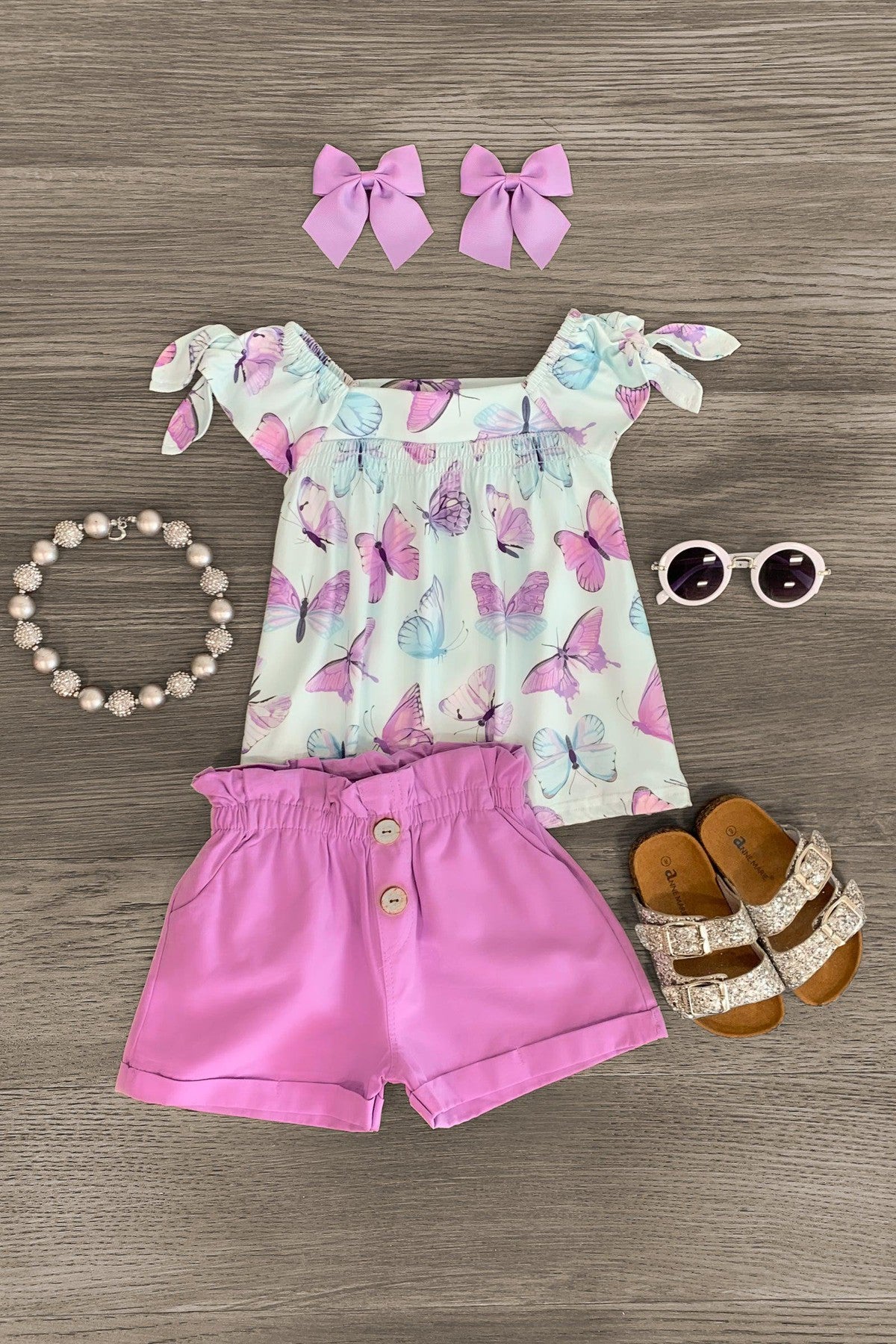 Mint & Lavender Butterfly Short Set - Sparkle in Pink