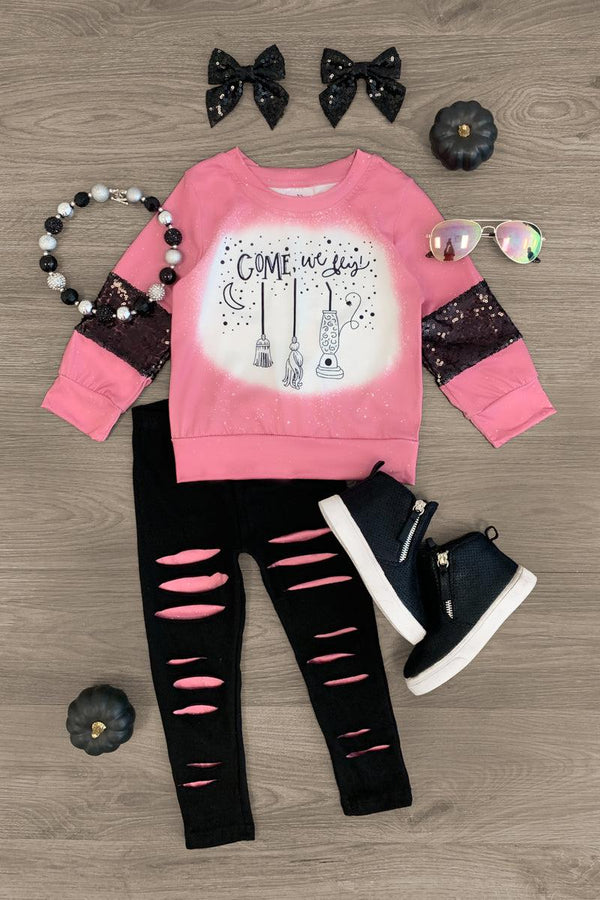 "Come We Fly" Pink Distressed Legging Set - Sparkle in Pink
