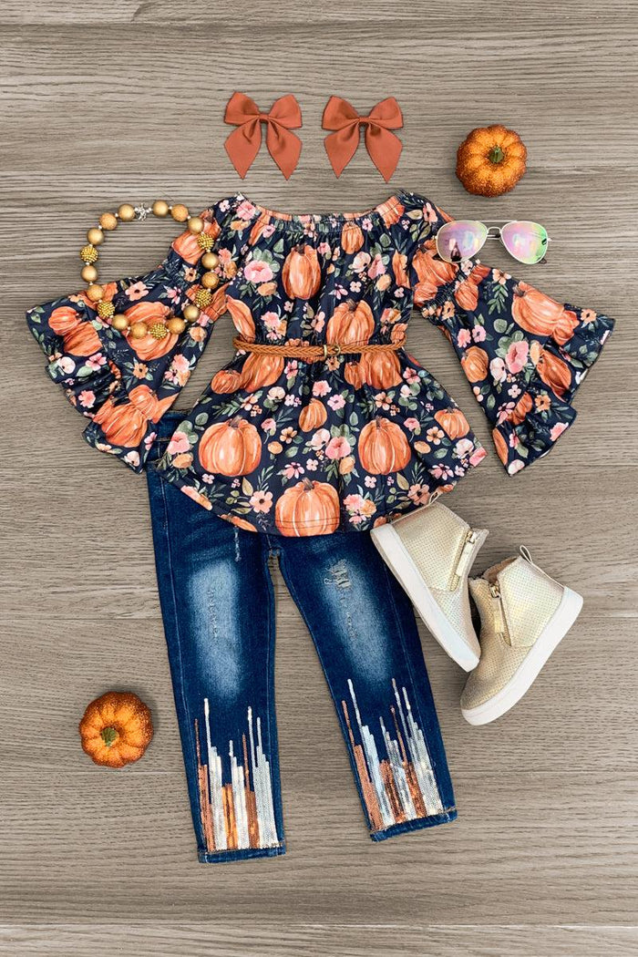 Pumpkin Floral Sequin Denim Pant Set - 3XS-6-12 Months - Navy denim jeans with orange pumpkin sequin details, matching floral pumpkin print puff-sleeve top, tan boots, and orange.