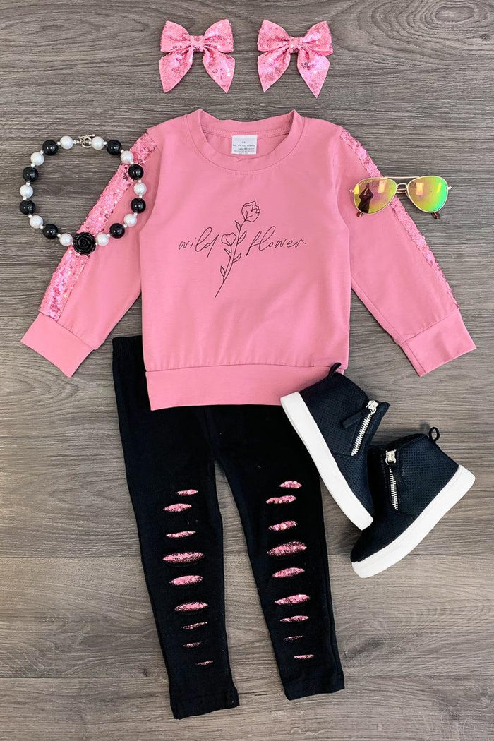 "Wild Flower" Pink Distressed Legging Set - 3XS-6-12 Months - Pink distressed long-sleeve sweatshirt with "wild flower" script, black ripped leggings, black high-top sneakers, pink hair.