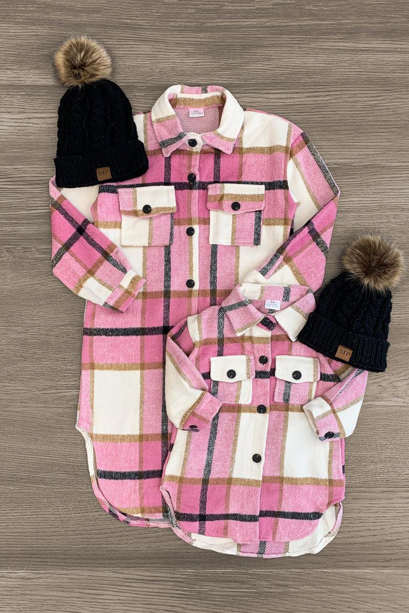 Mom & Me - Pink Plaid Long Flannel Shacket - Sparkle in Pink