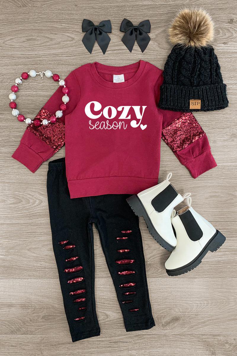 "Cozy Season" Burgundy Sequin Legging Set - Sparkle in Pink