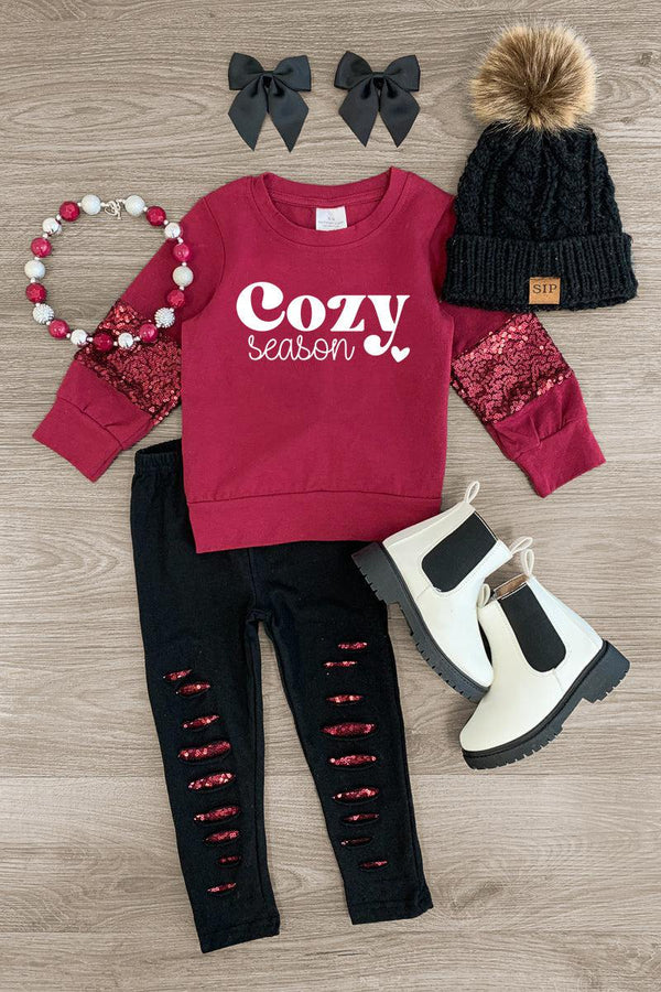"Cozy Season" Burgundy Sequin Legging Set - Sparkle in Pink