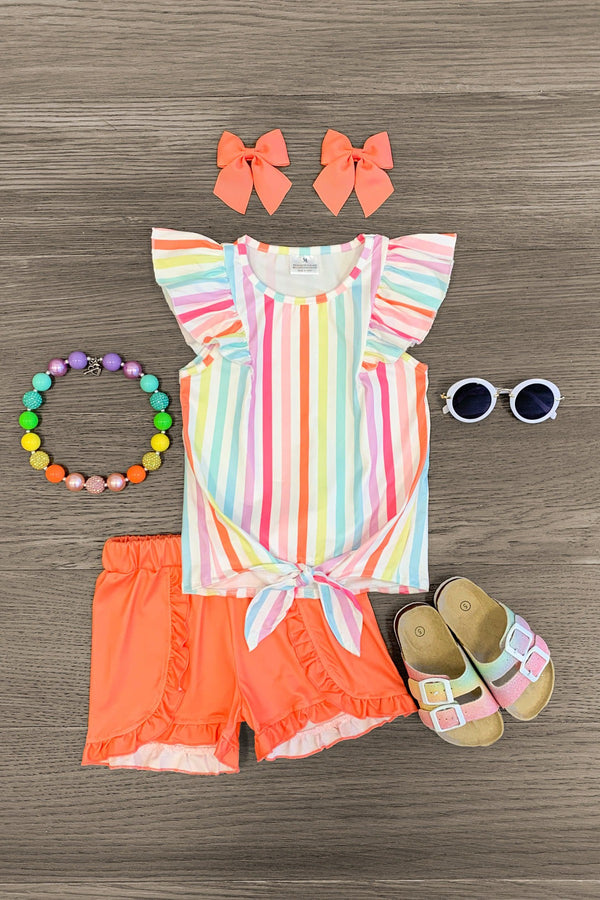 Rainbow Stripe Ruffle Tie Top Short Set - Sparkle in Pink