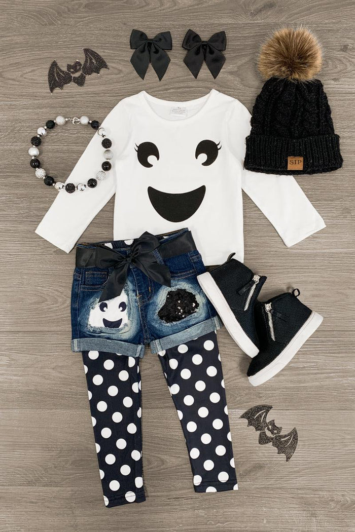 Polka Dot Ghost Legging & Short Set - 3XS-6-12 Months - Toddler outfit with white long-sleeve shirt featuring black ghost face, polka dot black and white leggings, denim shorts.