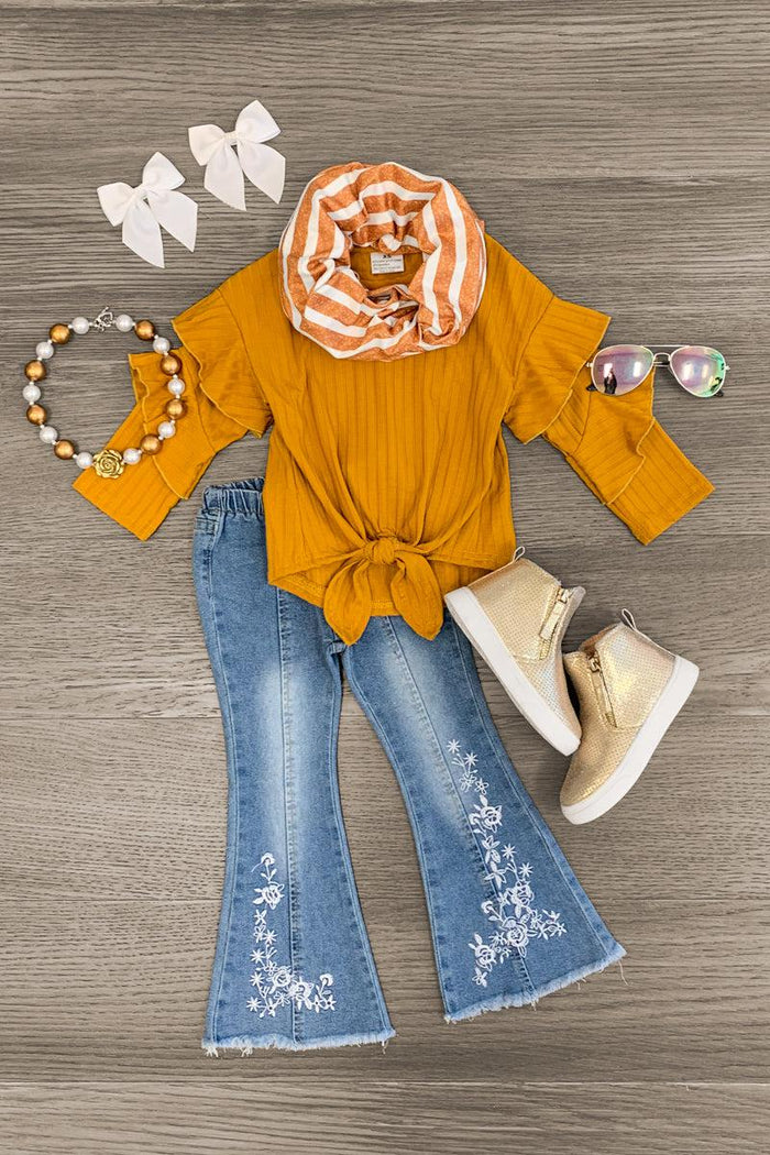 Scarf Denim Flare Set - 3 Piece Set - Mustard / 3XS-6-12 Months - Mustard long-sleeve top with front tie, denim flare pants with white floral embroidery, striped scarf, beige boots, white.