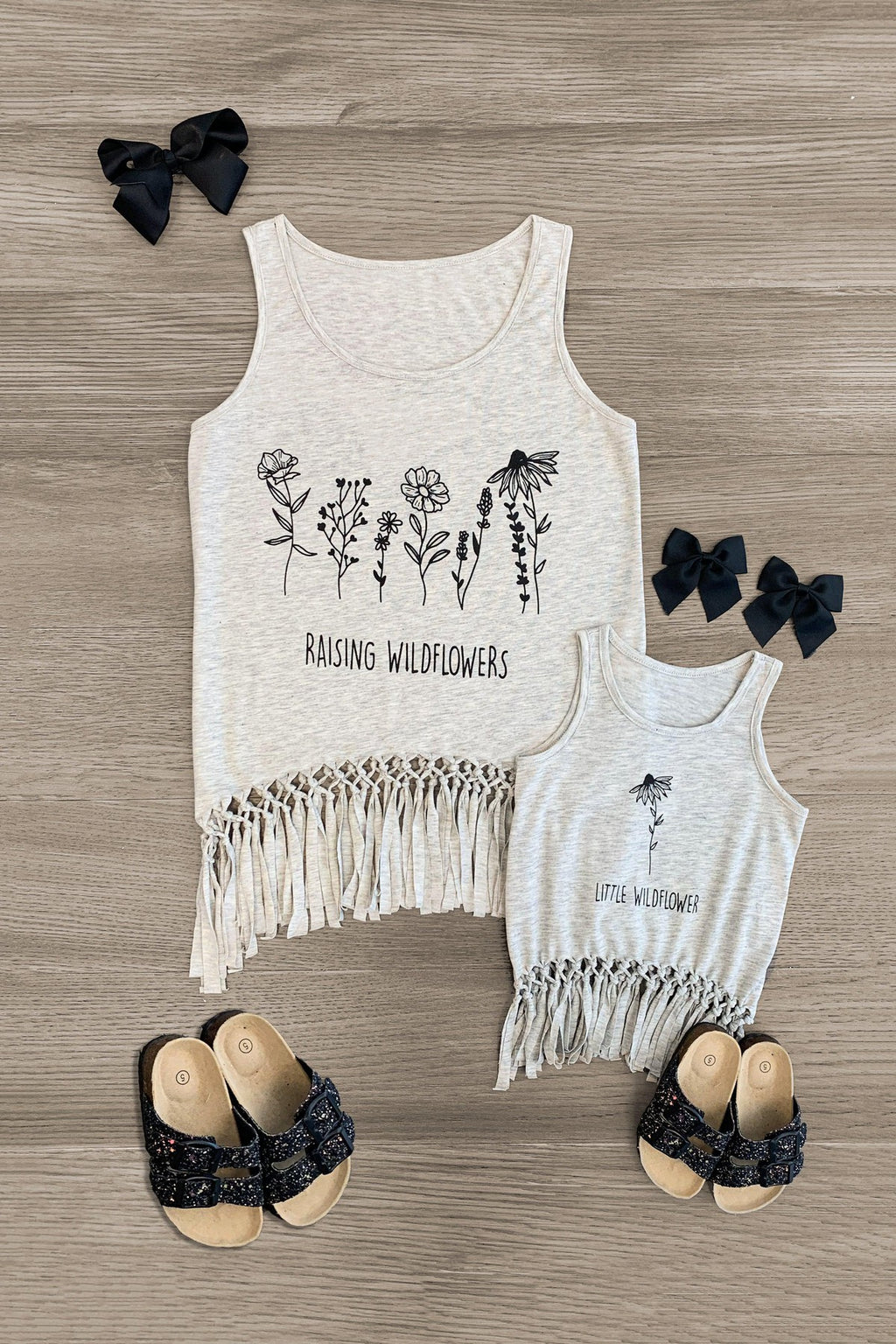Mom & Me - "Wildflower" Gray Fringe Top - Sparkle in Pink