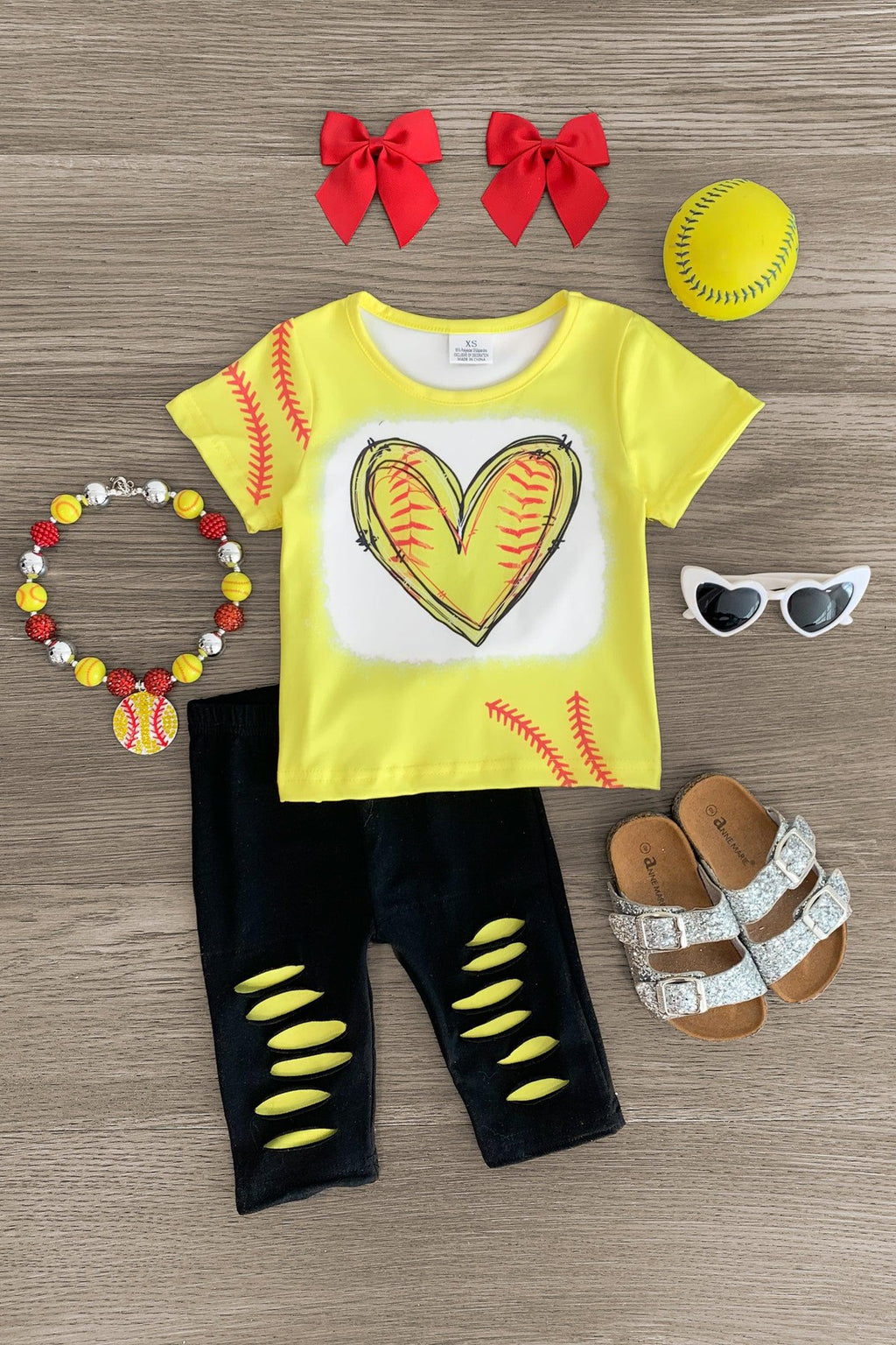 Softball Heart Distressed Capri Set - Sparkle in Pink