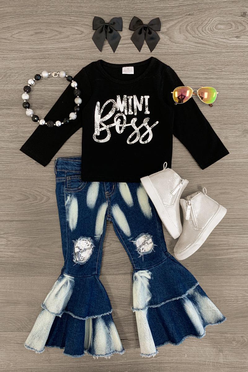 "Mini Boss" Snakeskin Distressed Denim Pant Set - Sparkle in Pink