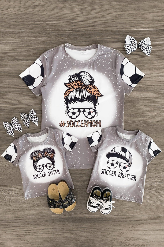 Mom & Kid - "Soccer Mom, Brother, Sister" Tops - MOM-Small-FAMILY - Gray family-themed tops with soccer ball sleeves, featuring #SoccerMom, Soccer Sister, and Soccer Brother designs.
