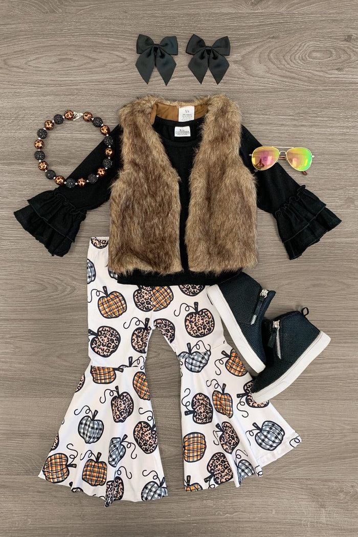 Pumpkin Bell Bottom Fur Vest Set - 3XS-6-12 Months - Brown faux fur vest with pumpkin print bell-bottom pants and black ruffle-sleeve top, paired with black boots and matching.