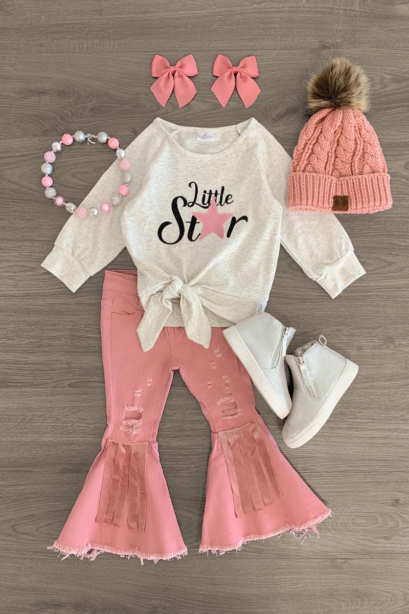 "Little Star" Pink Denim Bell Bottom Set - Sparkle in Pink