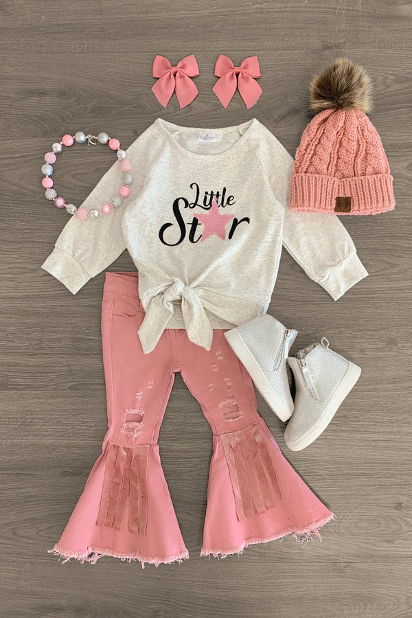 "Little Star" Pink Denim Bell Bottom Set - Sparkle in Pink