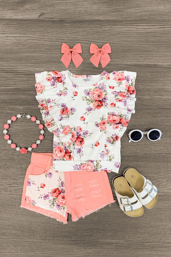 Pink & White Rose Floral Denim Short Set - Sparkle in Pink