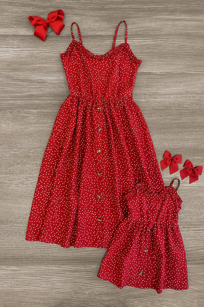 Mom & Me - Red Polka Dot Dress - BABY-Newborn - Red polka dot sleeveless dress with buttons and matching toddler dress with smocked bodice, paired with red bows.